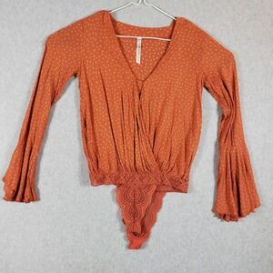 Intimately‎ Free People Orange Lace Bell Sleeve Bodysuit XS Boho Polka Dot